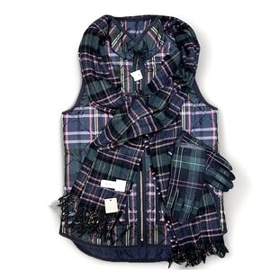 Matching 4 Pcs Set ~ New J Crew Quilted Plaid Vest Size XXS ~ NWT Scarf ~ Gloves